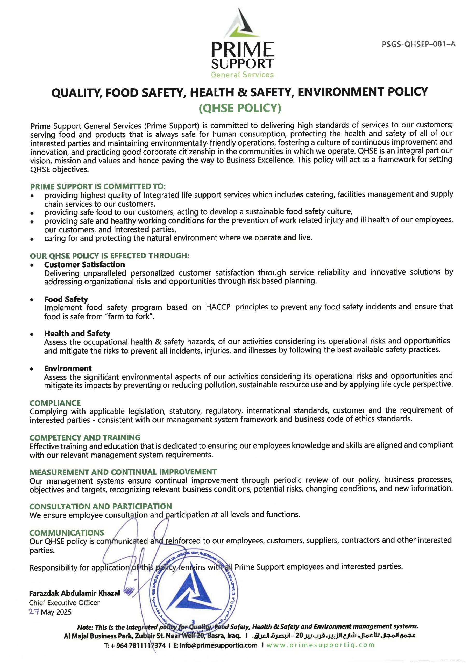 Soft Services - QHSE Policy